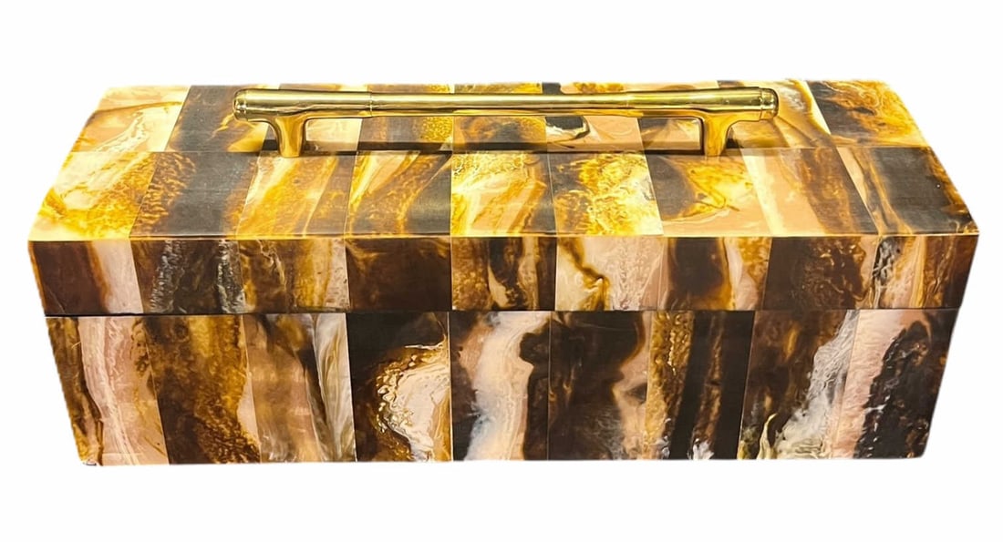 CONTEMPORARY HORN TILED BOX WITH GOLD TONE HANDLE: CONTEMPORARY COW HORN TILED BOX WITH GOLD TONE HANDLE. Height: 8.5 in. by Width: 18 in. by Depth: 6 in.