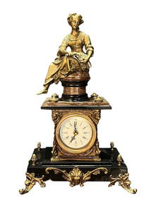 ANTIQUE FRENCH BRASS FIGURAL MANTLE CLOCK: ANTIQUE FRENCH BRASS FIGURAL MANTLE CLOCK. Height: 17 in. by Width: 11 in. by Depth: 6 in.
