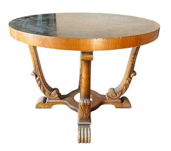 CIRCA 1940's ART DECO WALNUT CENTER TABLE: CIRCA 1940's ART DECO BURLED WALNUT CENTER TABLE. Attributed to TH Robsjohn-Gibbings Height: 18 in. by Width: 35 in.