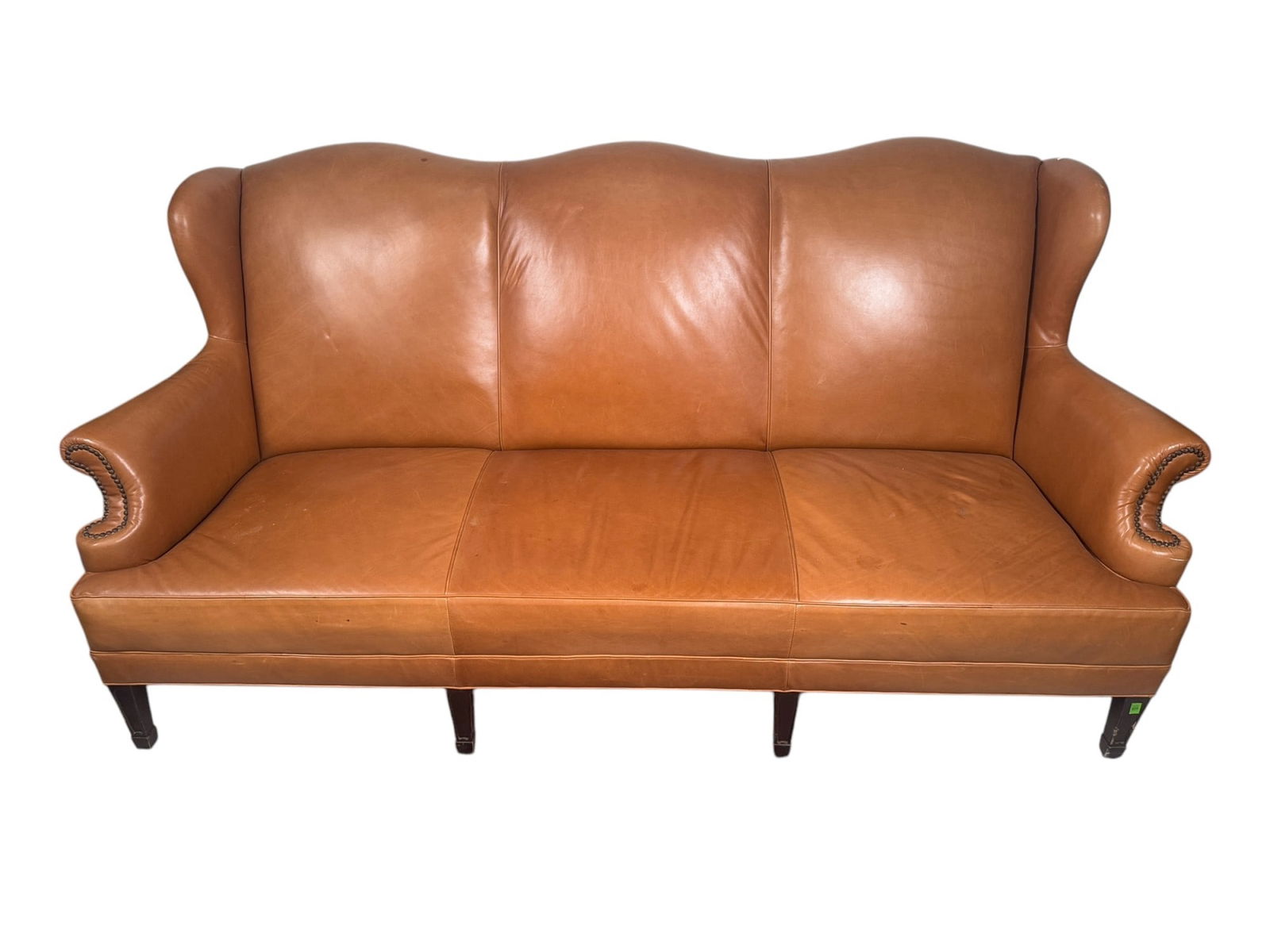 VINTAGE LEATHER THREE SEAT SOFA: VINTAGE LEATHER THREE SEAT SOFA. Height: 43.5 in. by Width: 79 in. by Depth: 35 in. Seat height: 17.5 inches.
