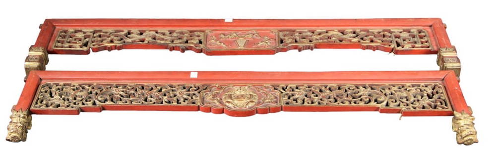 PAIR 19th C. CHINESE STRAITS GILT LACQUERED PANELS: PAIR 19th CENTURY CHINESE STRAITS OR PERANAKAN GILT RED LACQUERED RETICULATED WOODEN PANELS. Height: 10 in. by Width: 41.5 in. by Depth: 2 in.