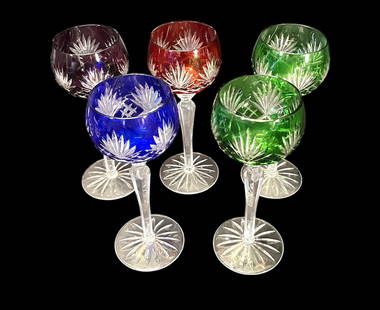SET OF FIVE CRYSTAL  COLORED WINE STEM GLASSES: SET OF FIVE CRYSTAL COLORED WINE STEM GLASSES. Height: 8.5 in. by Width: 3.5 in. by Depth: 3.5 in.