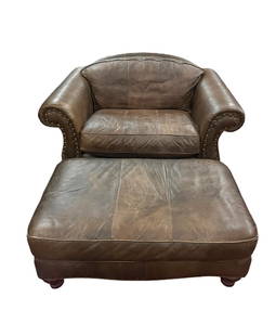 BERNHART FURNITURE BROWN LEATHER CHAIR & OTTOMAN: BERNHART FURNITURE BROWN LEATHER CHAIR & OTTOMAN, OVERSIZED. Chair=34"h x 57"w x 41"d. Ottoman=18"h x 44"w x 28"d.