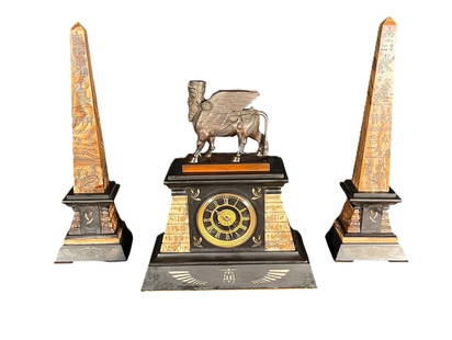 ANTIQUE EGYPTIAN REVIVAL MANTEL CLOCK SET: ANTIQUE EGYPTIAN REVIVAL MANTEL CLOCK SET WITH TWO OBELISKS. Height: 19 in. by Width: 16 in. by Depth: 7 in.
