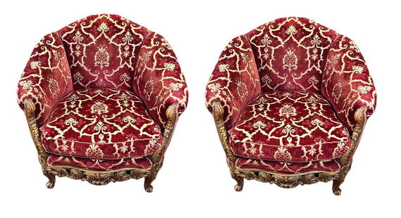 PAIR OF 19th C. UPHOLSTERED LOUIS XV TUB CHAIRS: PAIR OF 19th C. UPHOLSTERED LOUIS XV TUB CHAIRS. Seat height: 17 inches. Height: 34 in. by Width: 33 in. by Depth: 34 in.