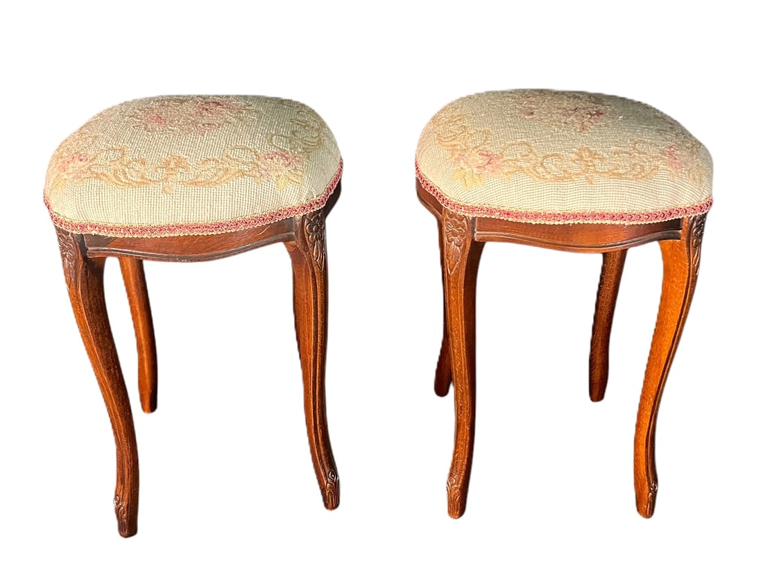 PAIR OF FRENCH WOODEN NEEDLEPOINT  STOOLS (1 of 4)