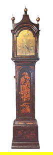 18th C. ENGLISH LACQUERED CHINOISERIE CLOCK: 18th C. ENGLISH LACQUERED CHINOISERIE TALL CASE CLOCK. Height: 84 in. by Width: 21 in. by Depth: 10 in.