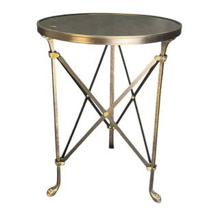 GILT METAL DIRECTORIE TABLE WITH GRANITE TOP: GILT METAL DIRECTORIE TABLE WITH GRANITE TOP. Height: 27 in. by Width: 17 in.