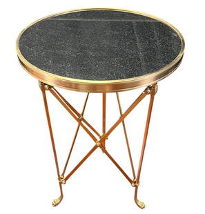 GILT METAL DIRECTORIE TABLE WITH GRANITE TOP: GILT METAL DIRECTORIE TABLE WITH GRANITE TOP. Height: 27 in. by Width: 17 in.