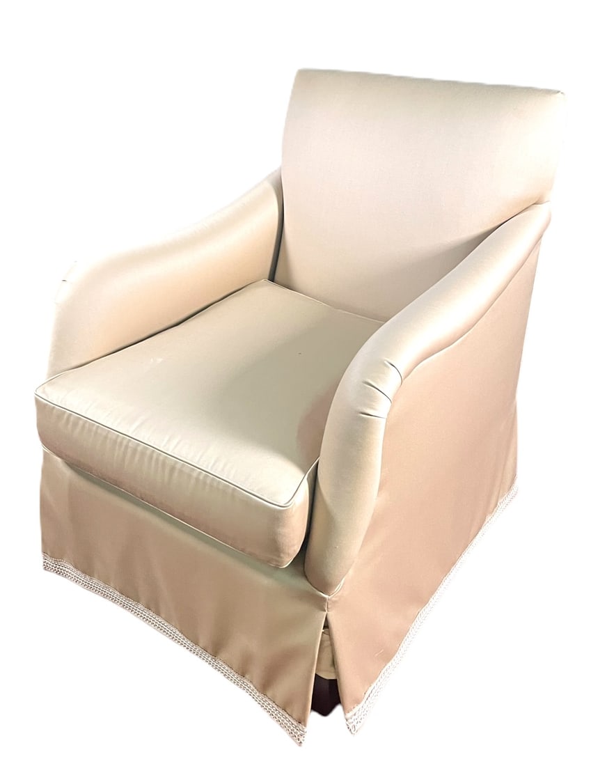 PAIR OF CLUB CHAiRS BY M. L. SLOVACK DESIGN: PAIR OF UPHOLSTERED CLUB CHAIRS BY M. L. SLOVACK DESIGN. SEAT HEIGHT= 20 IN. Height: 36.5 in. by Width: 28 in. by Depth: 33 in.