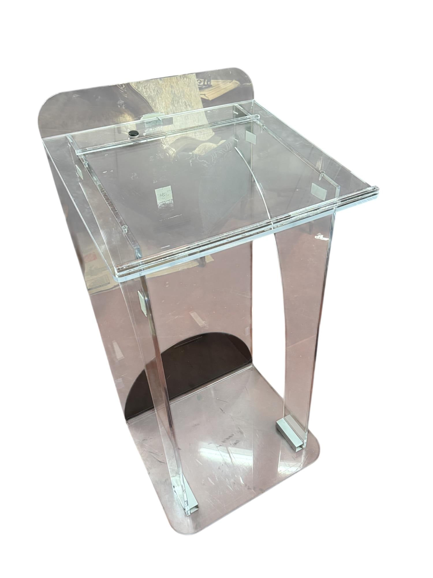 CONTEMPORARY LUCITE LECTURN: CONTEMPORARY LUCITE LECTURN. Height: 48 in. by Width: 24 in. by Depth: 22 in.