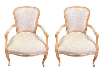 PAIR OF WOODEN FRENCH STYLE UPHOLSTERED ARMCHAIRS: PAIR OF WOODEN FRENCH STYLE UPHOLSTERED ARMCHAIRS. Height: 36 in. by Width: 26.8 in. by Depth: 24 in.
