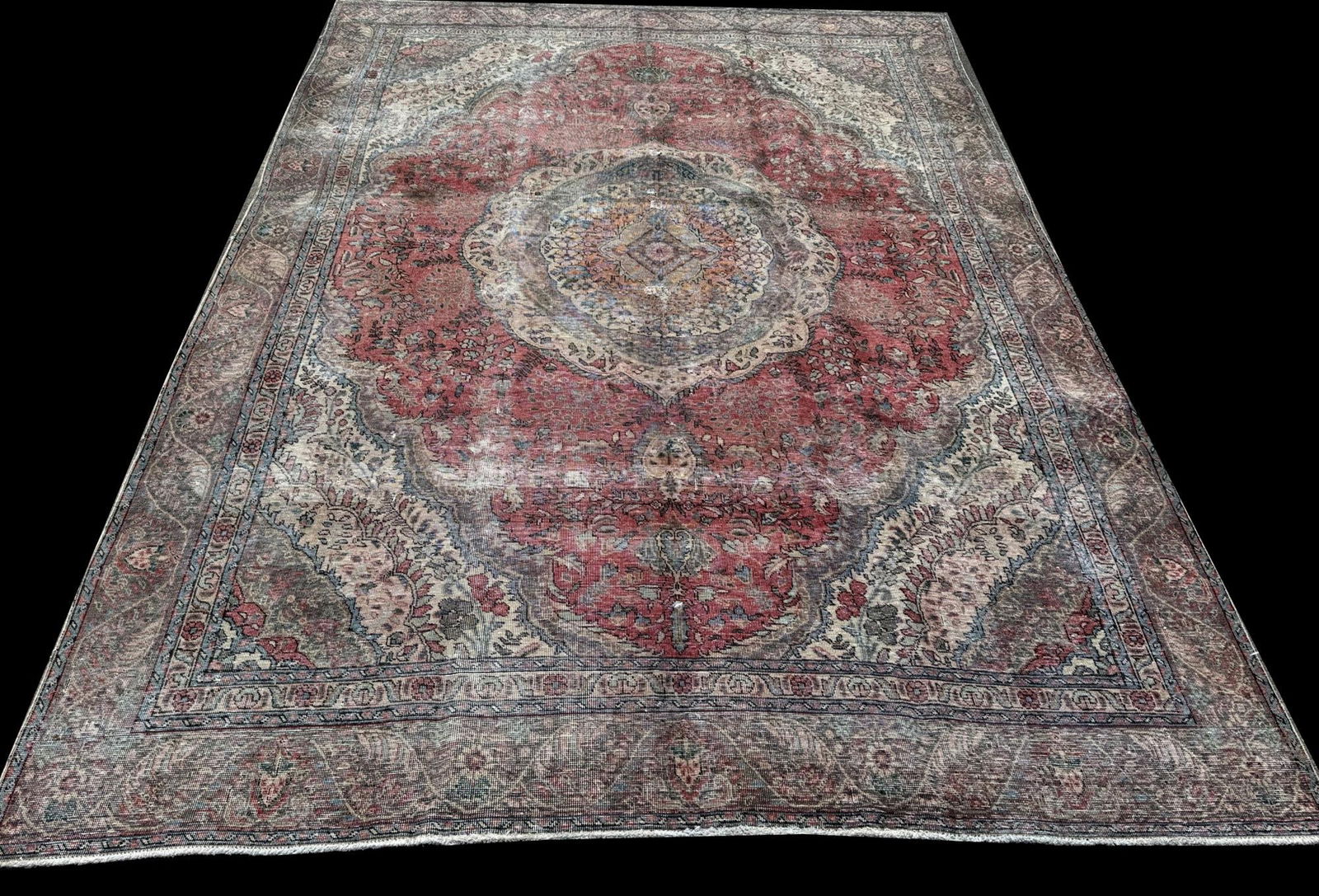 ANTIQUE PERSIAN CARPET: ANTIQUE PERSIAN CARPET has condition issues but stable. (4) Height: 13 ft. 2 in. by Width: 9 ft. 0 in.