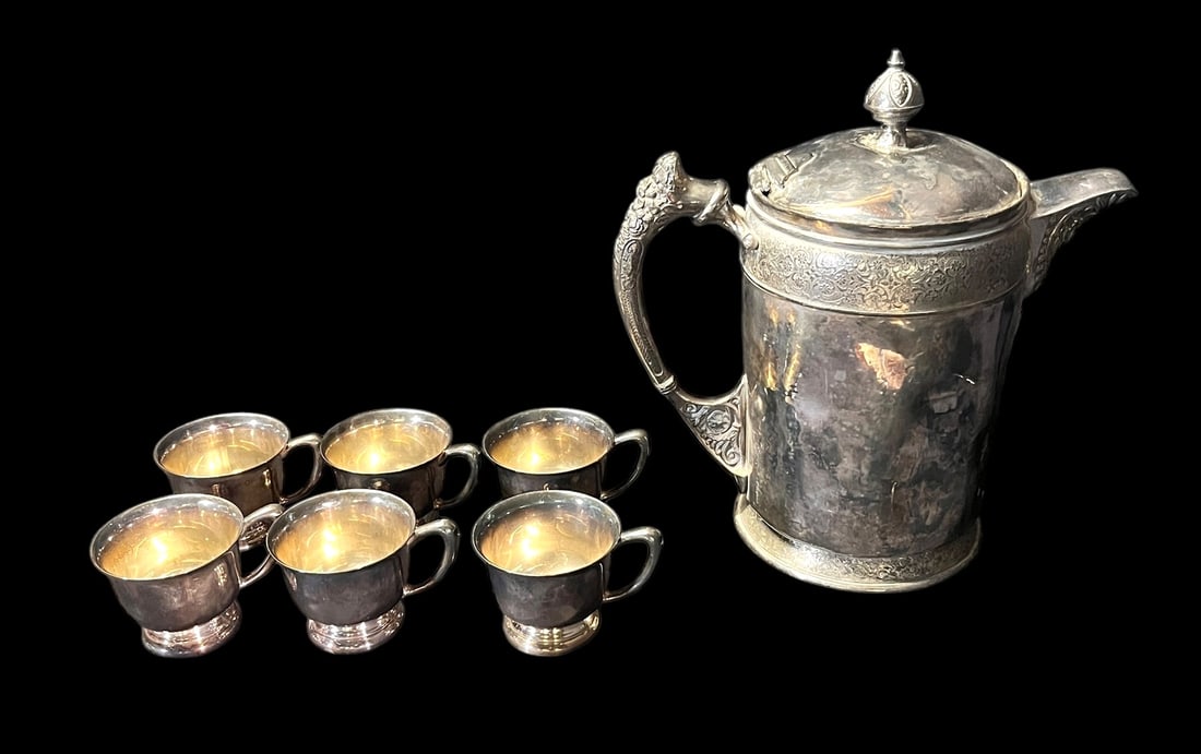 SILVERPLATED T-POT AND 6 CUPS: SILVERPLATED T-POT AND 6 CUPS Height: 12 in. by Width: 12 in. by Depth: 6.5 in.
