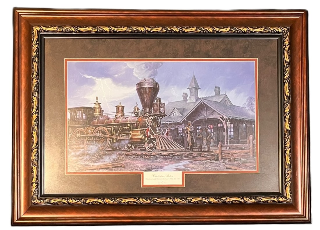 "CHARLESTON STATION" PRINT: "CHARLESTON STATION" PRINT by John Paul Strain. Winchester and Potomac Railroad, May 30, 1861 (S/N 346/750). Release Date: 2006. Comes with a Certificate of Authenticity. Height: 34 in. by Width: 45 i