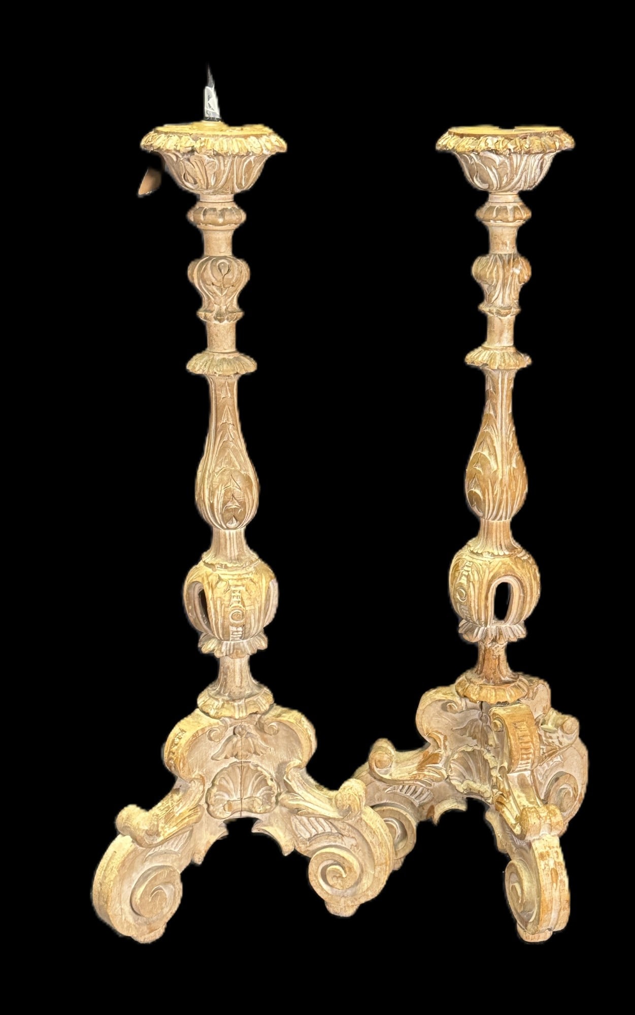 PAIR OF 18th CENTURY ITALIAN GILDED CANDLESTICKS: PAIR OF 18th CENTURY ITALIAN GILDED CANDLESTICKS. Height: 24.5 in. by Width: 9.5 in.