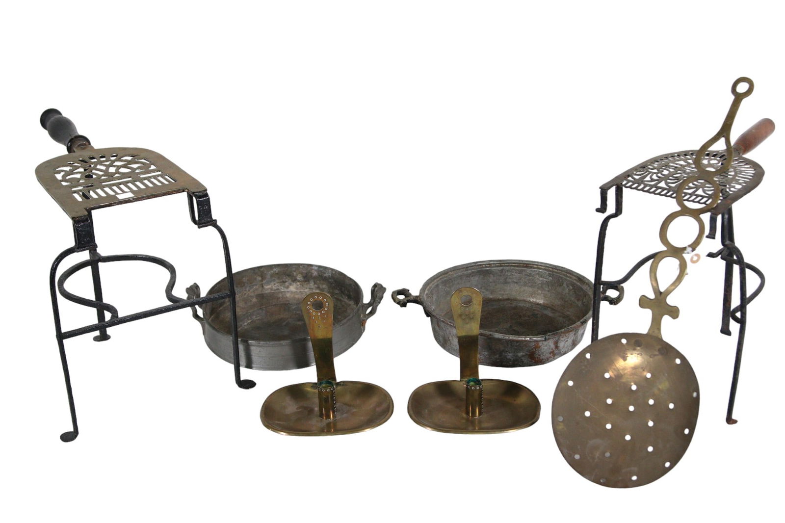 SET OF 7 MISCELLANEOUS BRASS ITEMS: SET OF 7 MISCELLANEOUS BRASS ITEMS BOWLS, TRIVETS, CANDLEHOLDERS, SPOON Height: 13 in. by Width: 9.5 in. by Depth: 17