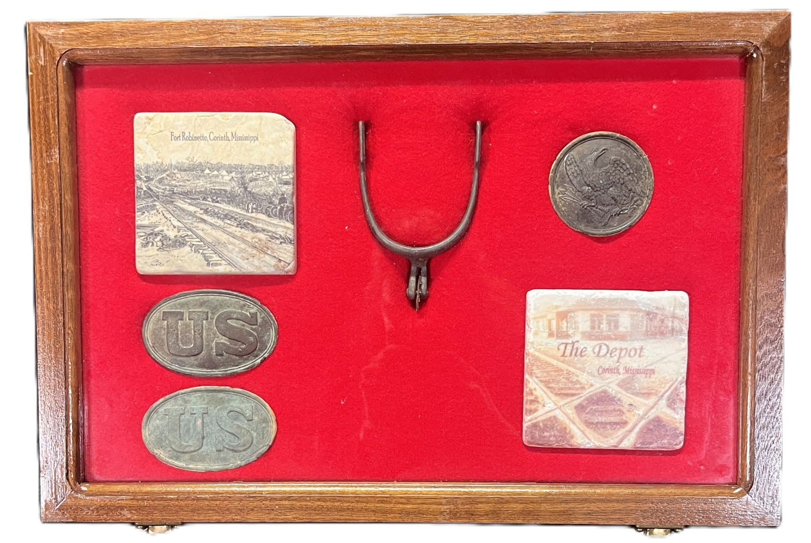 CIVIL WAR ERA BELT BUCKLE, BREASTPLATE AND TILE: CIVIL WAR ERA BELT BUCKLES, AND TILE. From Corinth, MS. Height: 12 in. by Width: 18 in.