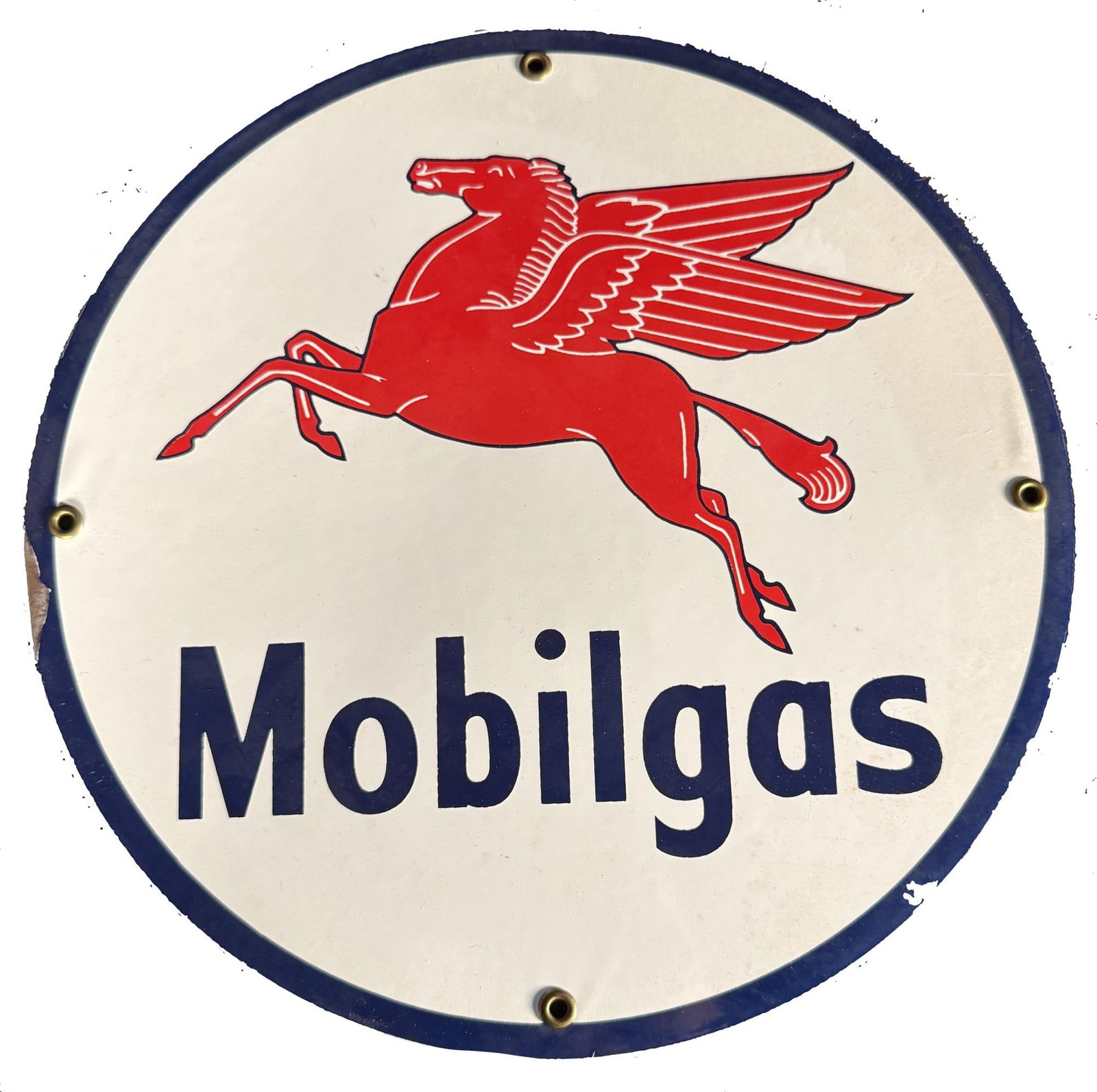 ROUND ENAMEL PAINTED MOBILGAS SIGN 12 INCHES: ROUND ENAMEL PAINTED MOBILGAS SIGN 12 INCHES.
