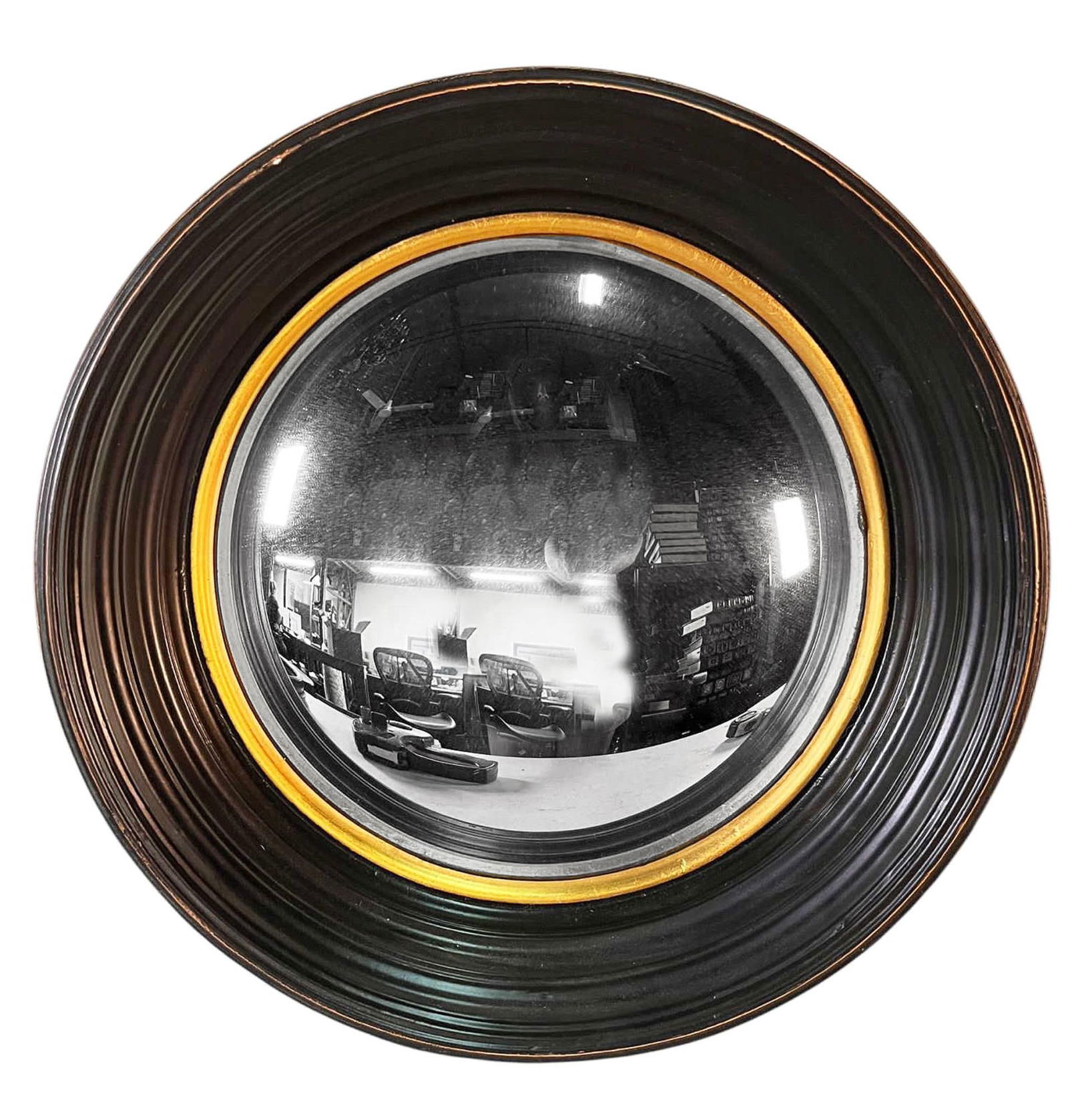 EBONIZED & GILDED FRAMED BULL'S EYE MIRROR: EBONIZED & GILDED FRAMED BULL'S EYE MIRROR. Height: 14 in. by Width: 14 in. by Depth: 3 in.