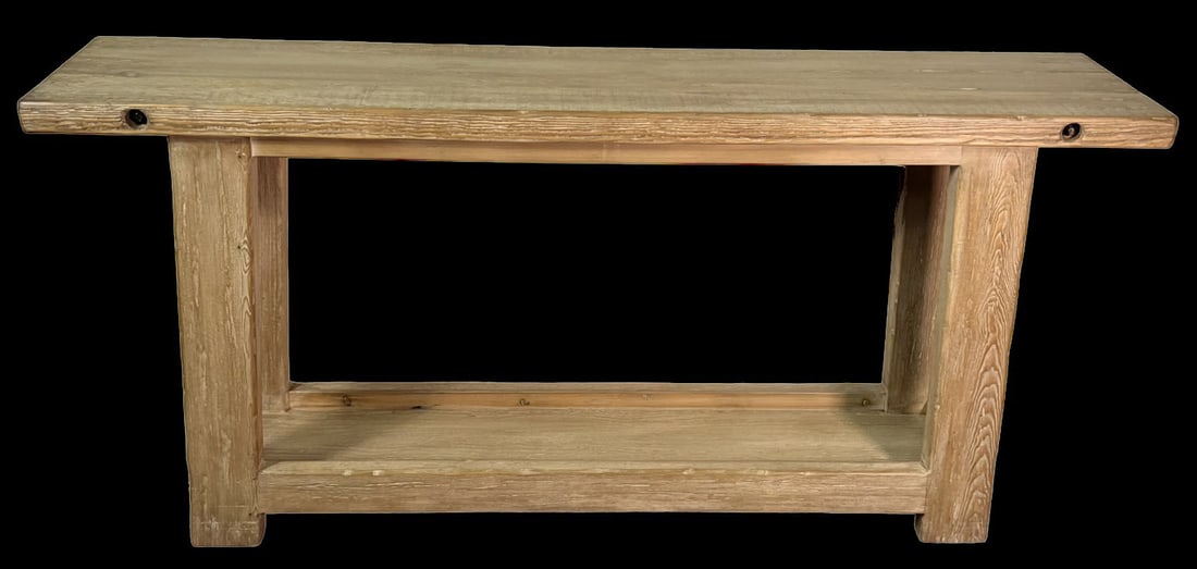 WHITE WASHED PINE CONSOLE TABLE: WHITE WASHED PINE CONSOLE TABLE. Height: 33 in. by Width: 67.5 in. by Depth: 14 in.