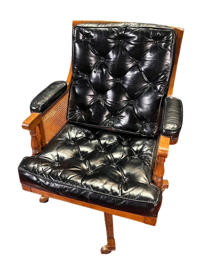 VINTAGE BUTTON TUFTED LEATHER SWIVEL DESK CHAIR: VINTAGE BUTTON TUFTED LEATHER SWIVEL DESK CHAIR Height: 37 in. by Width: 26.5 in. by Depth: 30 in.
