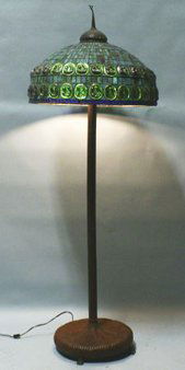TIFFANY STYLE FLOOR LAMP WITH SHADE: TIFFANY STYLE FLOOR LAMP WITH JEWELED LIDDED DOME STYLE SHADE. Height: 73 in. by Width: 26 in.