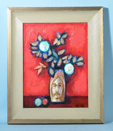 DAVID ADICKES "FLOWERS WITH JOHN LENNON" ACRYLIC: DAVID ADICKES "FLOWERS WITH JOHN LENNON" ORIGINAL ACRYLIC ON CANVAS. Height: 12 in. by Width: 16 in.