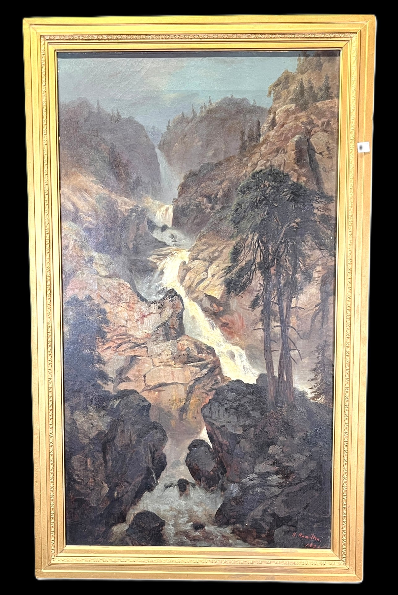 19TH C WATERFALL OIL ON CANVAS BY H. HAMILTON (1 of 3)