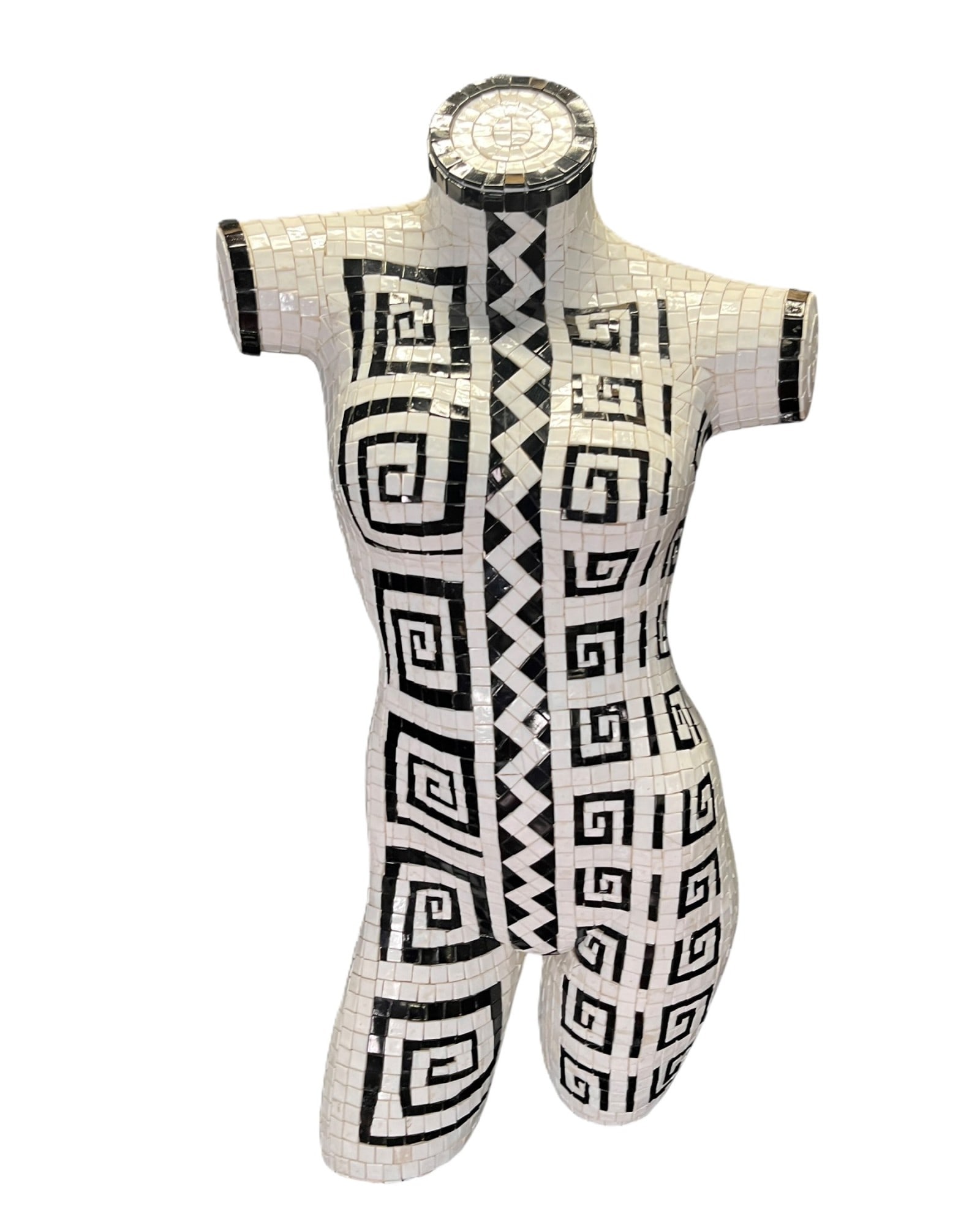 BLACK AND WHITE TILED MOSIAC MANNEQUIN ART: BLACK AND WHITE TILED MOSIAC MANNEQUIN Height: 35 in. by Width: 17 in. by Depth: 12 in.