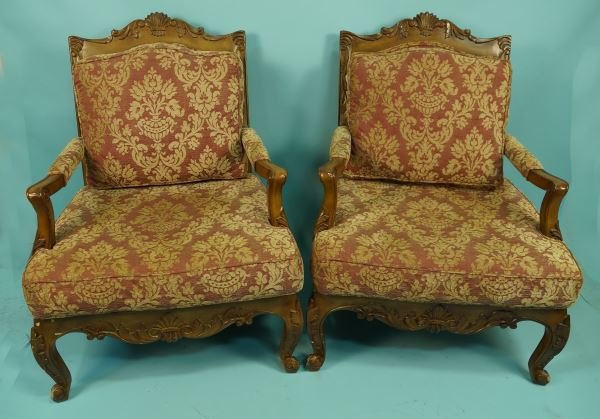 PAIR OF FRENCH BERGERE ARMCHAIRS: PAIR OF FRENCH BERGERE ARMCHAIRS. SLIGHT DAMAGE ON FEET. Height: 44.5 in. by Width: 32.5 in. by Depth: 36 in.