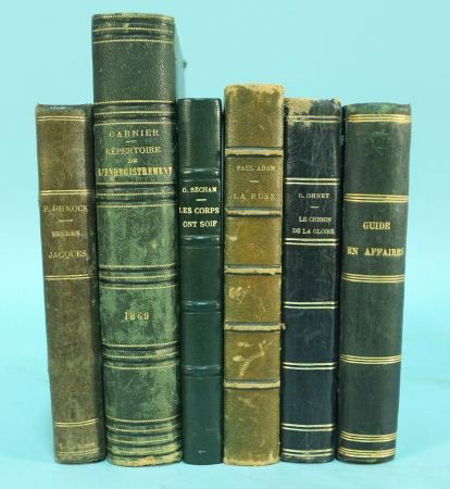 LOT OF SIX LEATHER BOUND BOOKS: LOT OF SIX LEATHER BOUND BOOKS 1. FRERES JAQUES - P. DE KOCK 2. REPITOIRE DE LENREGISTREMENT - CARHIER 1869 3. LES CORPS ONT SOIF- O. SECHAN 4. LA RUSE - PAUL ADAM 5. LECHEMIN DE LAGLOIRE - G. OHNET 6