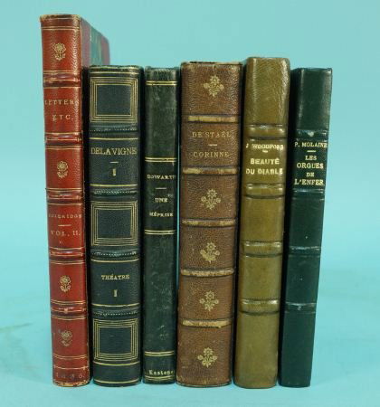 LOT OF SIX LEATHER BOUND BOOKS: LOT OF SIX LEATHER BOUND BOOKS 1. LETTERS ETC. - COLERIDGE #2 2. THEATRE - DELAVIGNE #1 3. UNE MEPRISE - HOWARTH 4. CORINNE - DE STAEL 5. BEAUTE DU DIABLE - WOODFORD 6. LES ORGUES DE LENFER - P. MOLAI