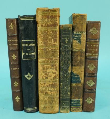 LOT OF SIX LEATHER BOUND BOOKS: LOT OF SIX LEATHER BOUND BOOKS 1. PRAELECTIONS PHILOSOPHICAE - P. VALLET 2. LETRES CHOISIES DE MADAME DE SEVINE 3. LE DROIT CIVIL EXPLIGUE - DELAVENTE #1 4. REPITOIRE DU THEATRE FRANCAIS - A. PAIN #28