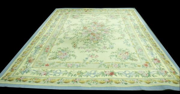 MAIZE COLORED AUBUSSON STYLE RUG: MAIZE COLORED AUBUSSON STYLE RUG WITH BLUE BORDER. Height: 12 ft. 0 in. by Width: 8 ft. 10 in.