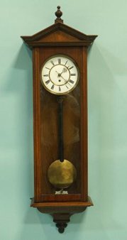 19th CENTURY BIEDERMEIER WALL CLOCK: 19th CENTURY BIEDERMEIER WALL CLOCK. Height: 47 in. by Width: 15 in. by Depth: 5 in.