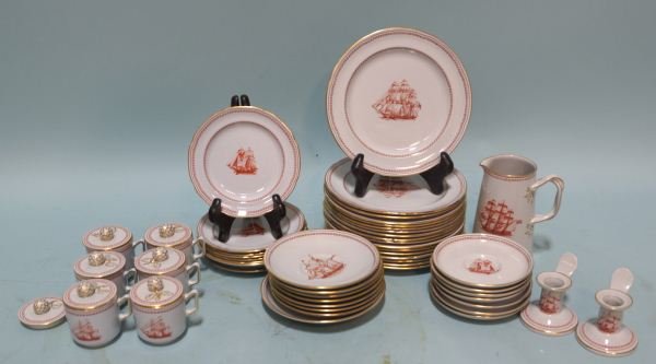 SIXTY-TWO SPODE "TRADE WINDS RED" PIECES: LOT OF SIXTY-TWO SPODE "TRADE WINDS RED" LUNCHEON PIECES. 2 CANDLESTICKS (3 X 3), 6 DEMITASSE WITH LIDS (3 1/2 X 3 1/2), 1 EXTRA LID, 1 PITCHER (5 1/2 X 5 X 4), 6 CUPS (2 1/2 X 4 1/2 X 3 1/2), 1 CUP (