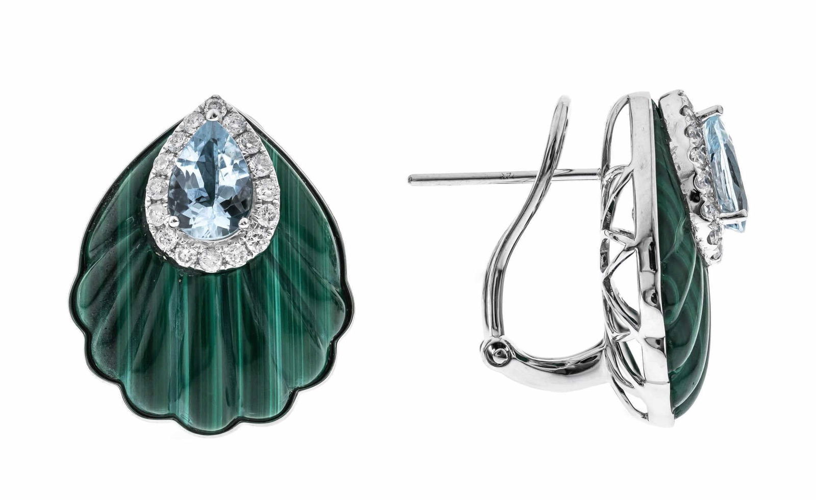 14KT GOLD MALACHITE, AQUAMARINE & DIAMOND EARRINGS: 14KT WHITE GOLD MALACHITE, AQUAMARINE & DIAMOND SHELL MOTIF EARRINGS. 2-AQUAMARINE= 1.13CTS, 2-MALACHITE=18.55CTS, 32-ROUND DIAMONDS=0.31CTS. 4.85 GRAMS T.W. MIN 1.00 QA0944E E2113621 (8) Height: 3/4