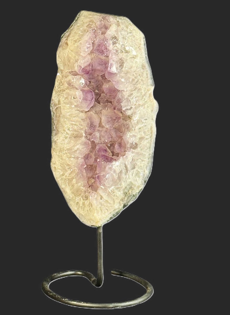 OPEN AMETHYST MOUNTED ON IRON STAND: OPEN AMETHYST MOUNTED ON IRON STAND. Height: 20 in. by Width: 7 in. by Depth: 6 in.