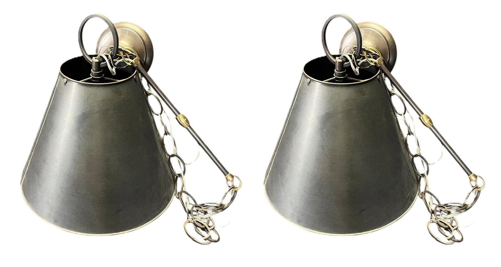 PAIR OF BLACK METAL PENDANT FIXTURES: PAIR OF BLACK METAL PENDANT FIXTURES. Height: 18 in. by Width: 14 in. by Depth: 14 in.