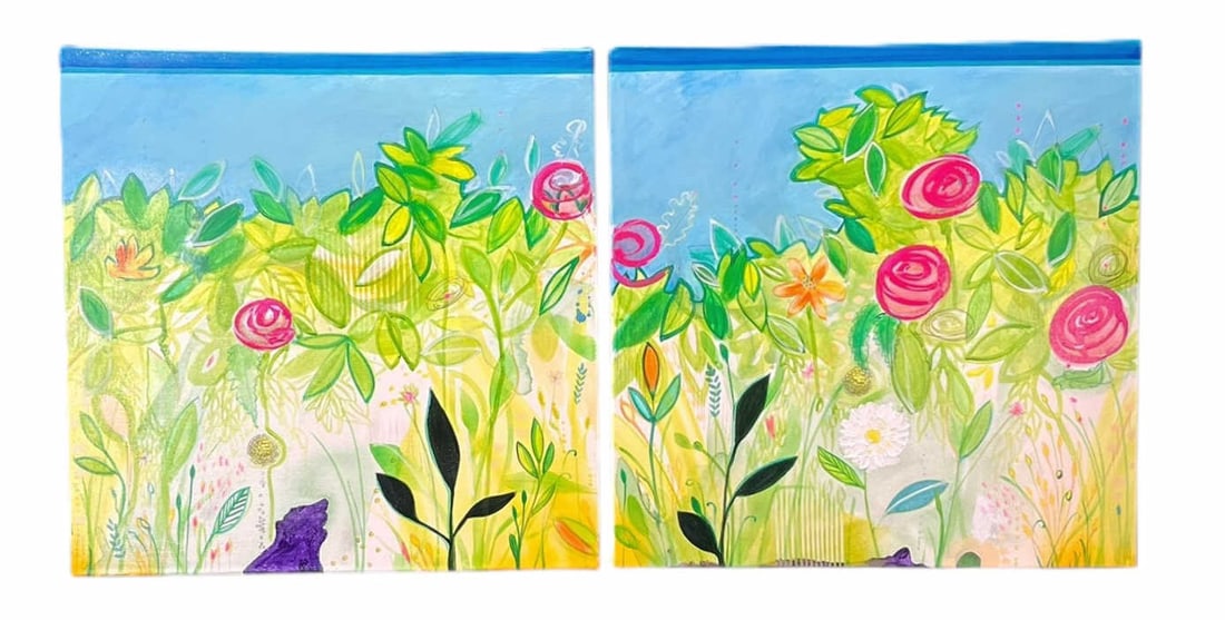 PAIR OF GARDEN SCENE ACRYLIC ON CANVAS: PAIR OF GARDEN SCENE ACRYLIC ON CANVAS PAINTINGS. UNFRAMED, UNSIGNED. Height: 24 in. by Width: 24 in. by Depth: .5 in.