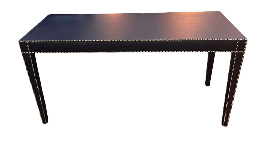 CONTEMPORARY LEATHER WRAPPED CONSOLE TABLE: CONTEMPORARY NAVY LEATHER WRAPPED CONSOLE TABLE. Height: 30 in. by Width: 61 in. by Depth: 24 in.