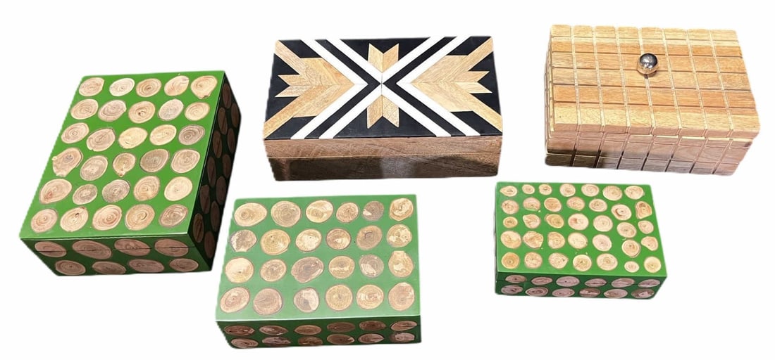 MIXED LOT OF FIVE DECORATIVE BOXES: MIXED LOT OF FIVE DECORATIVE BOXES. Height: 3 in. by Width: 8.5 in. by Depth: 6.5 in.