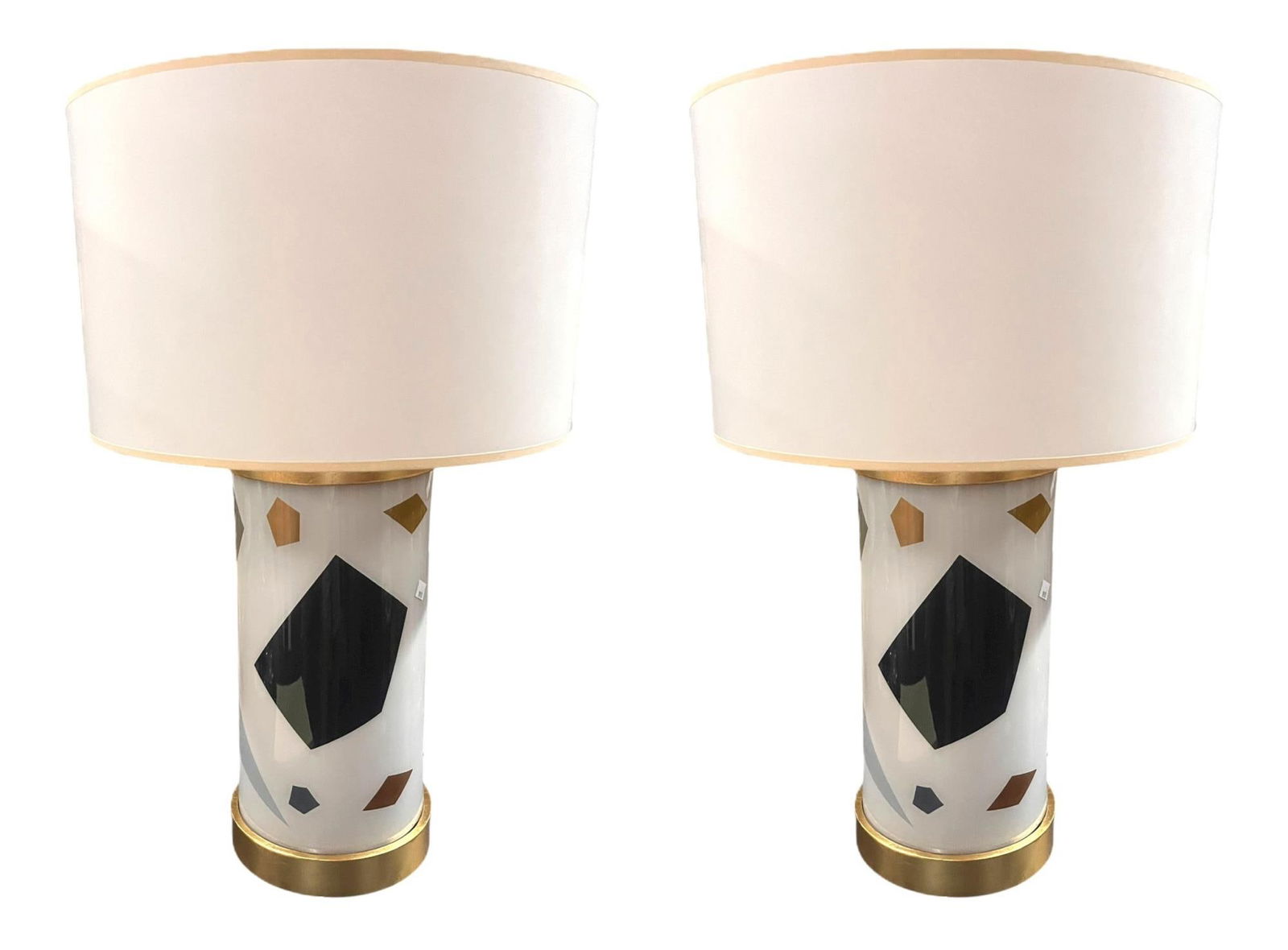 PAIR OF GEOMETRIC REVERSE GLASS LAMPS: PAIR OF GEOMETRIC REVERSE GLASS LAMPS. Height: 29 in. by Width: 10 in. by Depth: 10 in.