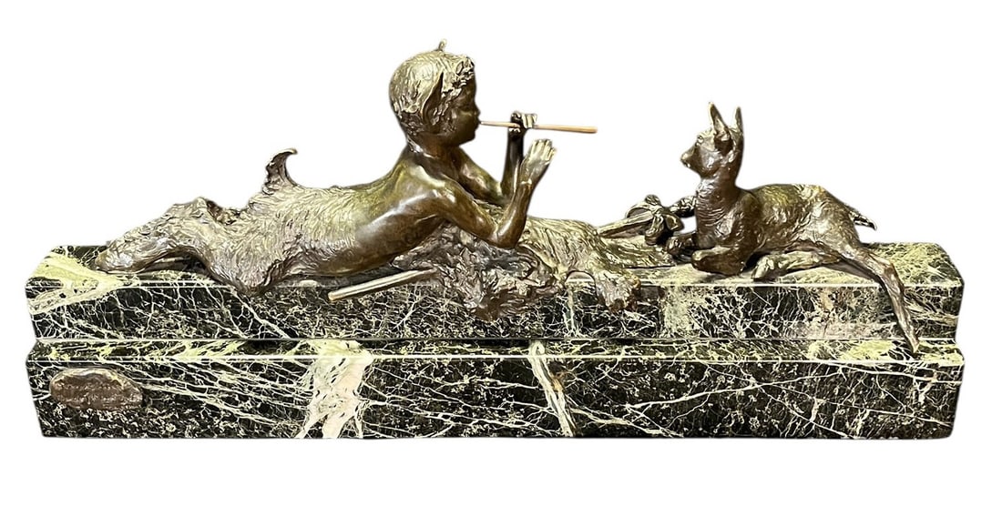 ARY JEAN LEON FRENCH BRONZE & MARBLE SCULPTURE: ARY JEAN LEON FRENCH ART DECO BRONZE & MARBLE SCULPTURE. PROVENANCE: FROM THE ESTATE OF JACKSON HICKS. Height: 11 in. by Width: 26 in. by Depth: 4.5 in.