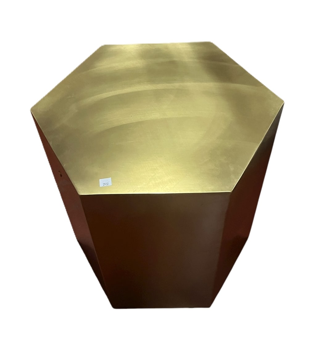 GILT METAL HEXAGON SHAPED END TABLE: GILT METAL HEXAGON SHAPED END TABLE. Height: 20 in. by Width: 20 in. by Depth: 20 in.