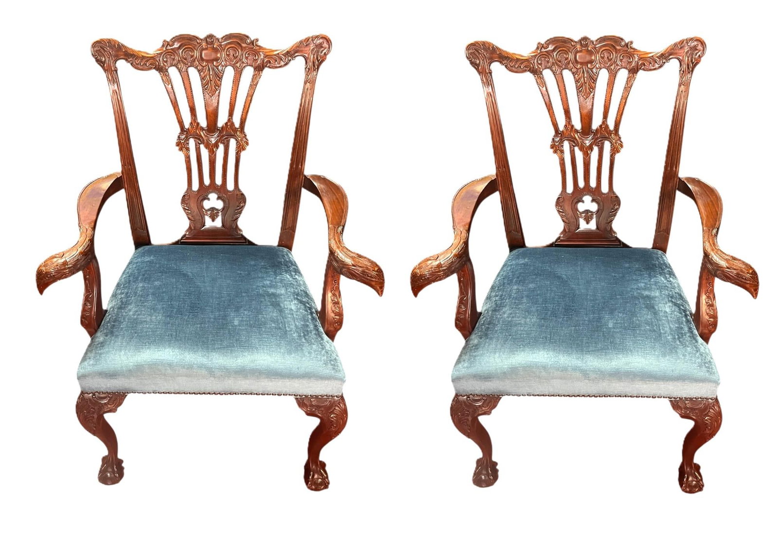 PAIR OF CHIPPENDALE STYLE MAHOGANY ARMCHAIRS: PAIR OF CHIPPENDALE STYLE MAHOGANY ARMCHAIRS. Height: 39.5 in. by Width: 29 in. by Depth: 25 in.