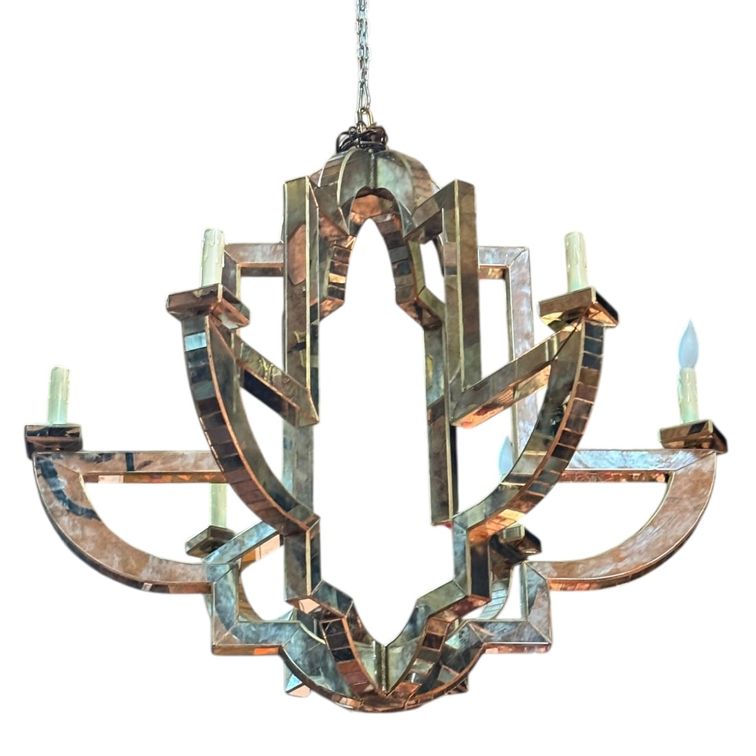 210CONTEMPORARY MIRRORED SIX-LIGHT CHANDELIER: CONTEMPORARY MIRRORED SIX-LIGHT CHANDELIER.