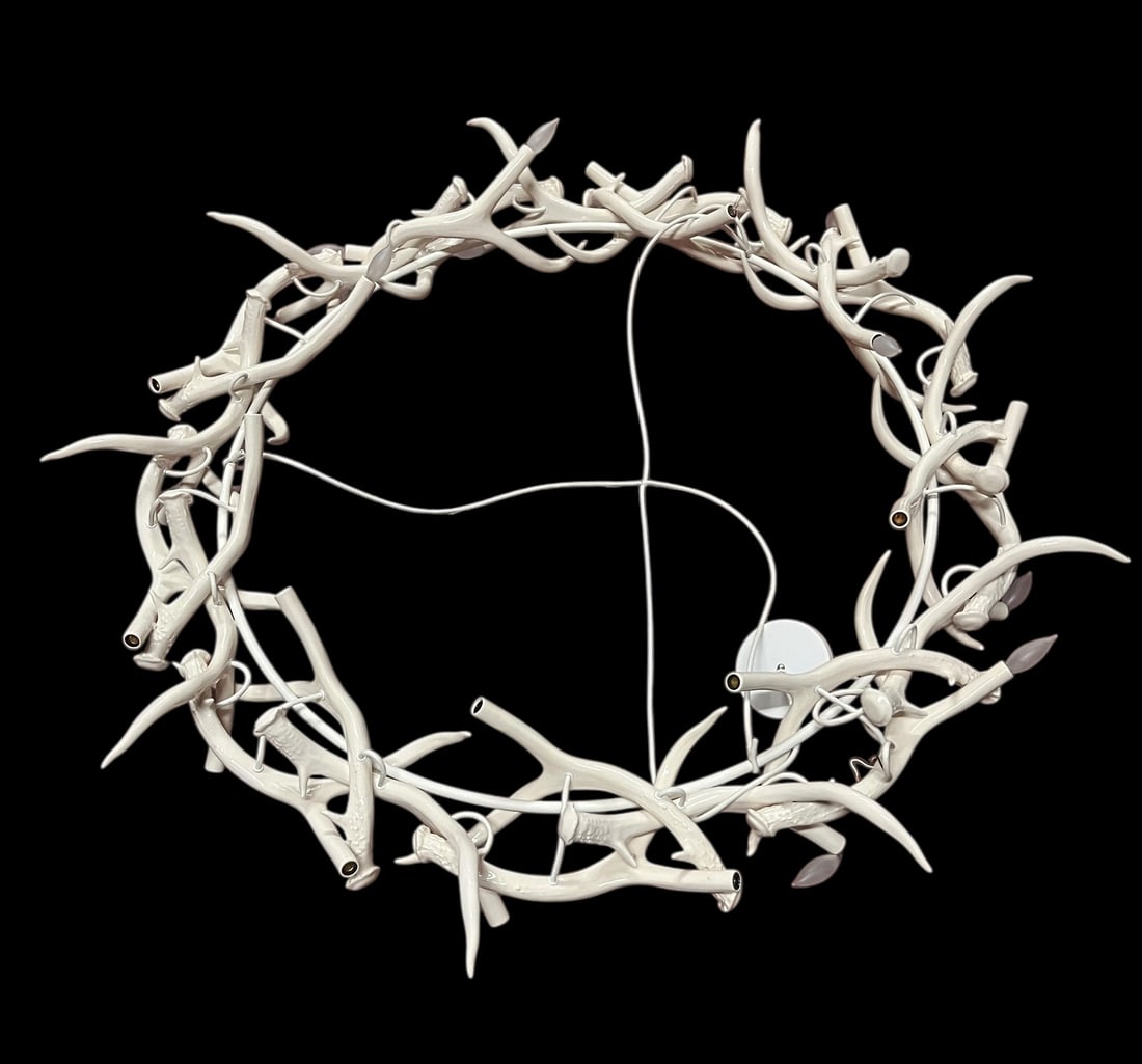 ONE-OF-A-KIND CERAMIC ANTLER CHANDELIER: ONE-OF-A-KIND CERAMIC ANTLER CHANDELIER. Height: 9 in. by Width: 56 in. by Depth: 56 in.