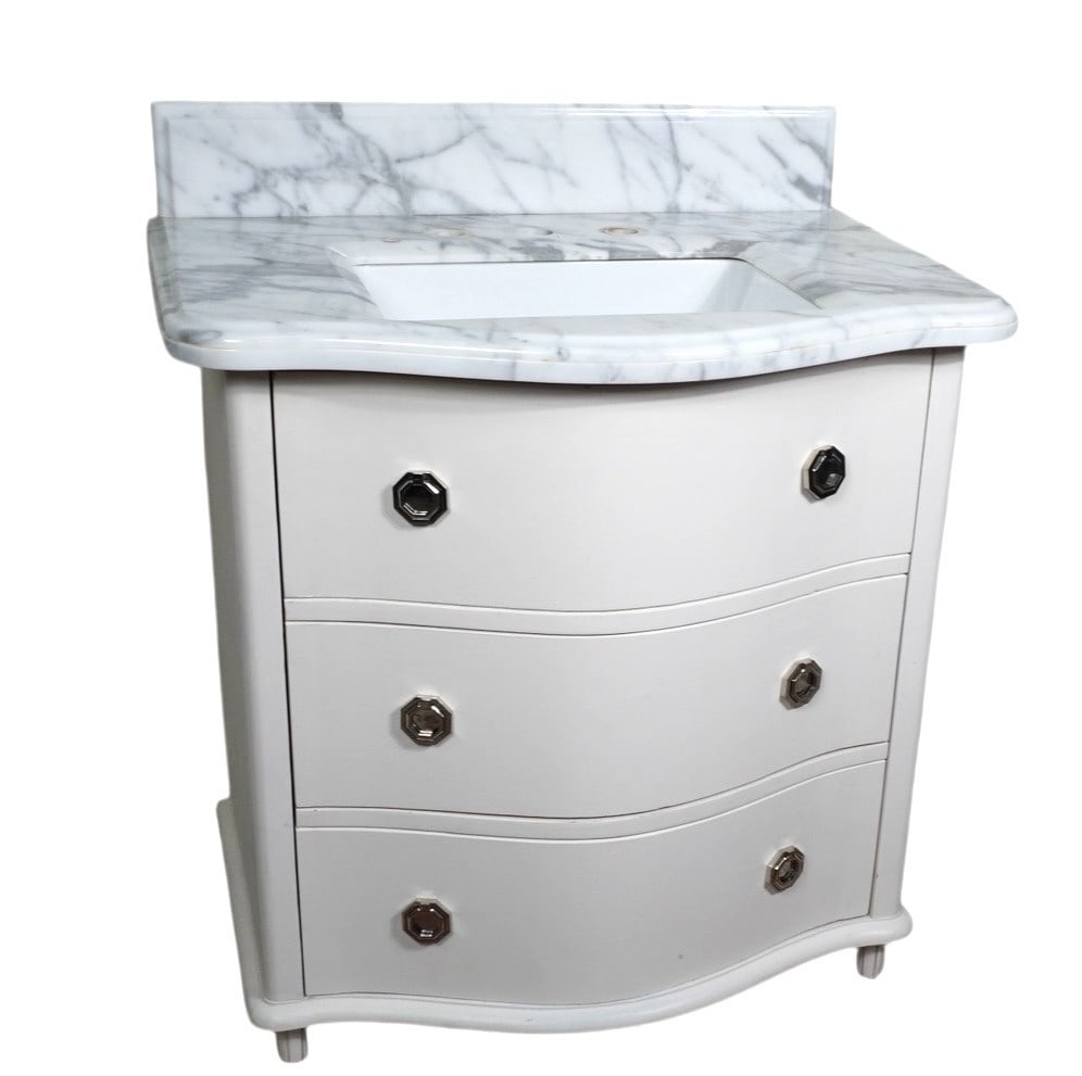 CONTEMPORARY MARBLE TOP BATHROOM CABINET: CONTEMPORARY MARBLE TOP BATHROOM CABINET. Height: 39 in. by Width: 35 in. by Depth: 25 IN.